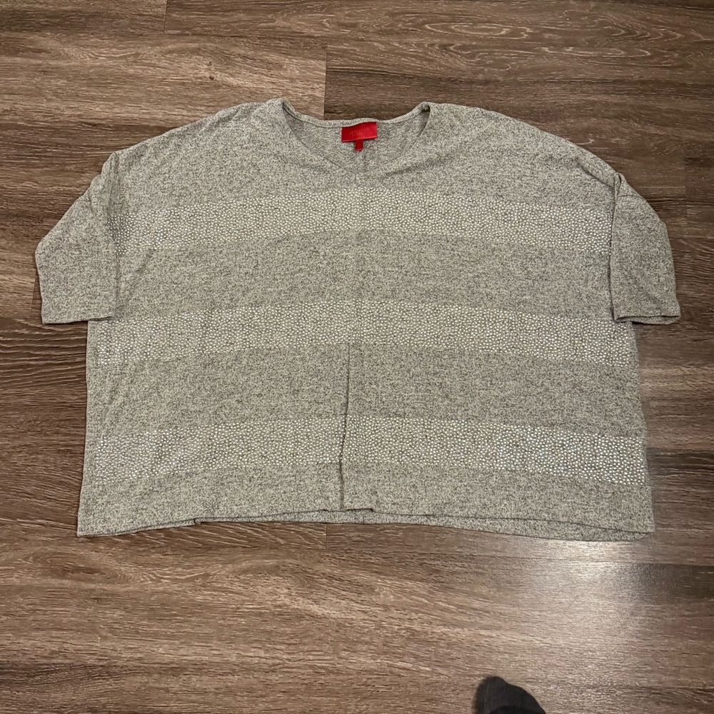 (BOGO) Jennifer Lopez Gray Heather Short Sleeve Tee with Textured Stripes